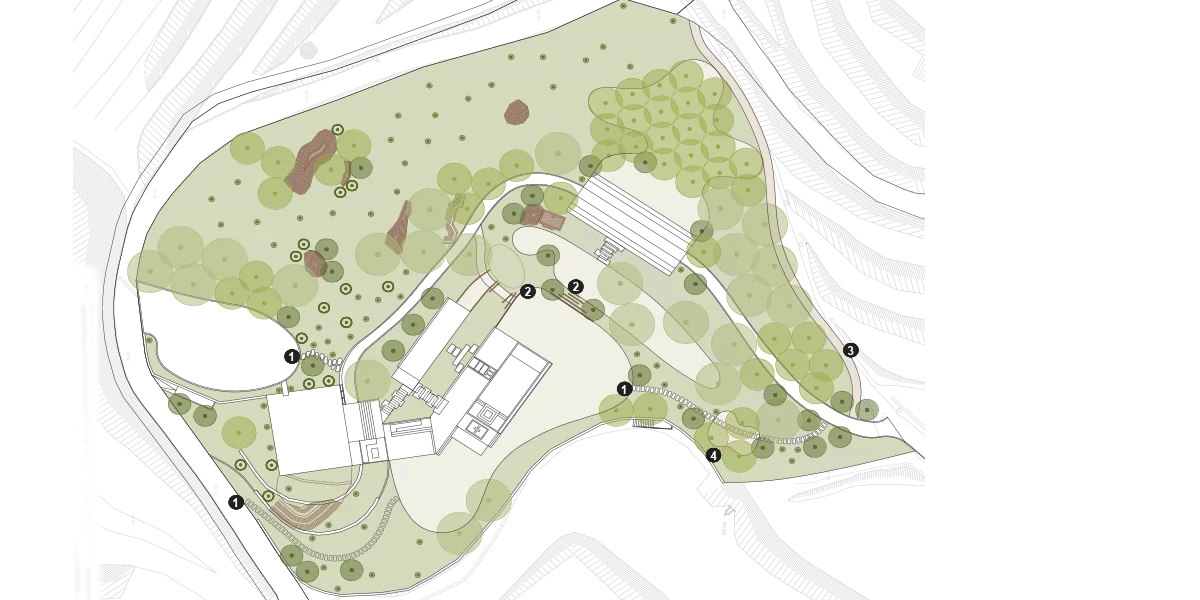 Plano geral do jardim sobre as curvas de nível do terreno.