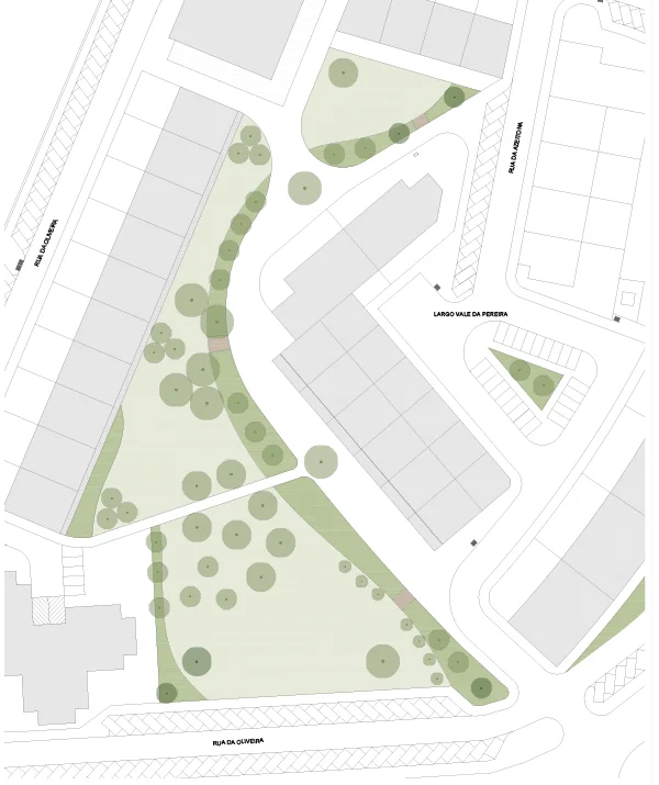 Planta do projeto: as massas verdes propostas sobre o desenho urbano do bairro.