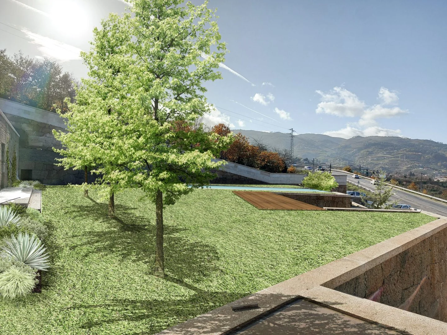 Imagem de síntese do projeto: a zona da piscina com uma árvore de copa leve sobre o relvado.