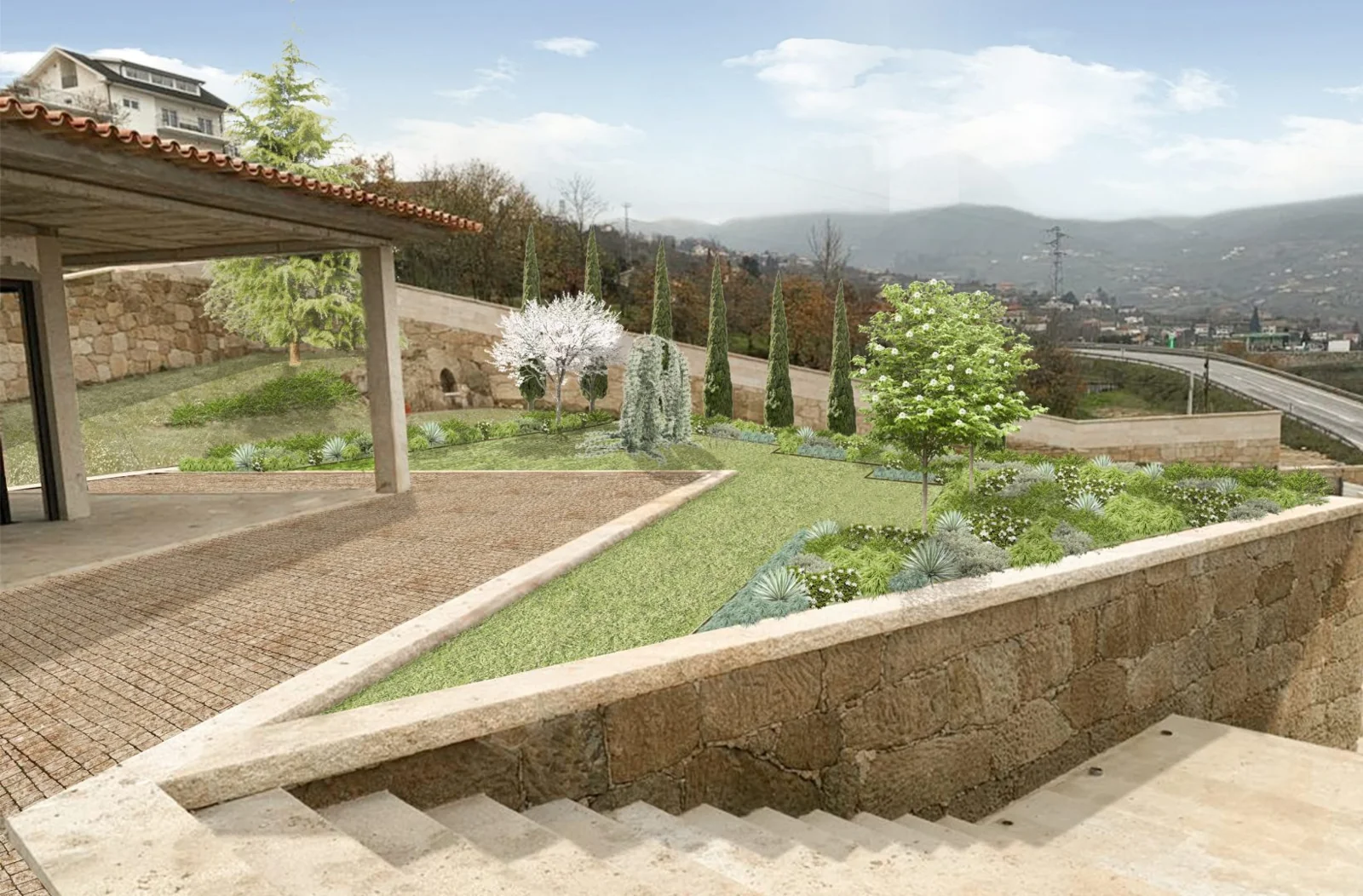 Imagem de síntese do projeto: vista da zona coberta para o jardim em socalcos.